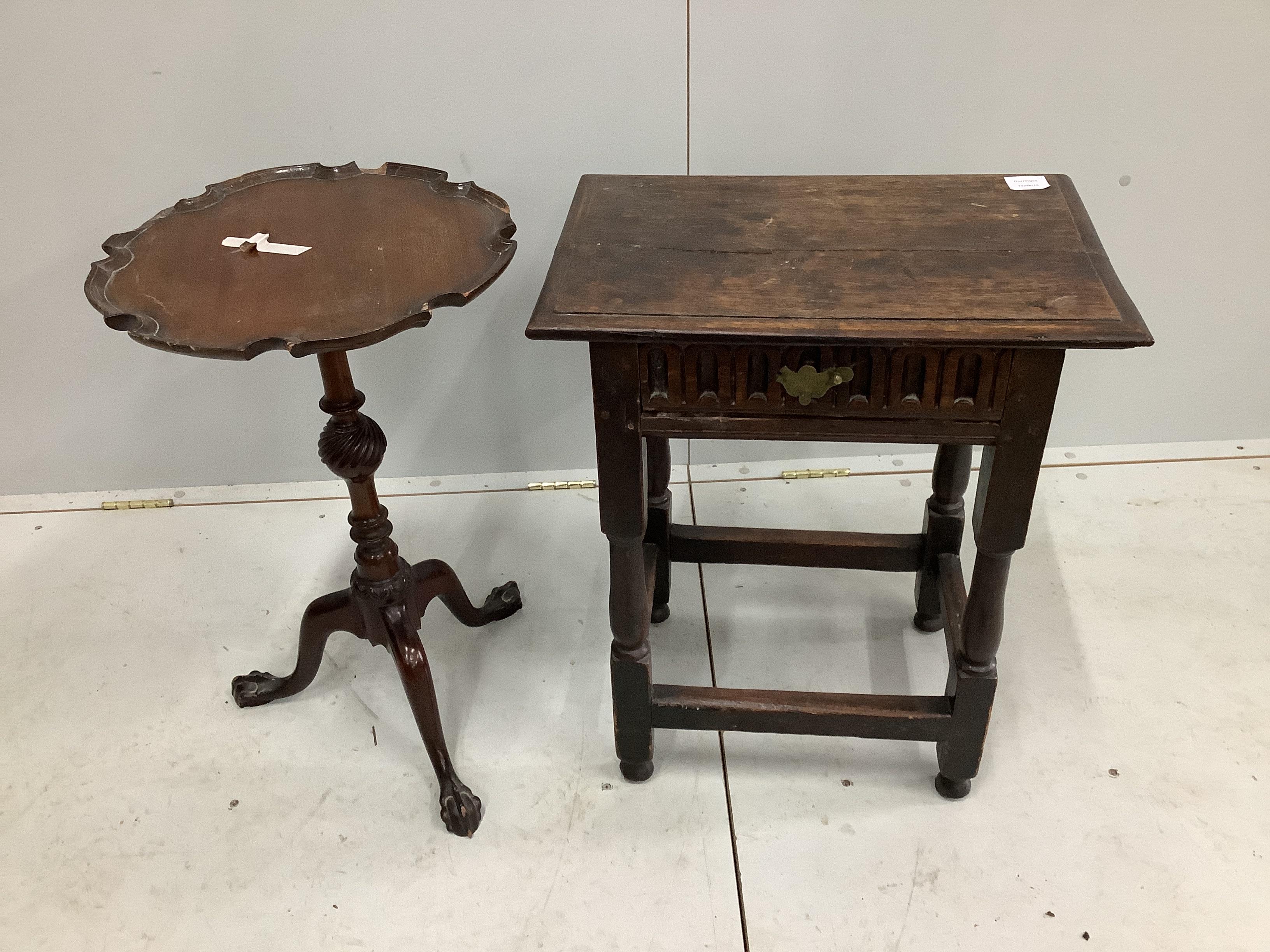 A 17th century style rectangular oak occasional table, width 51cm, depth 35cm, height 63cm, together with a George III style mahogany tripod wine table